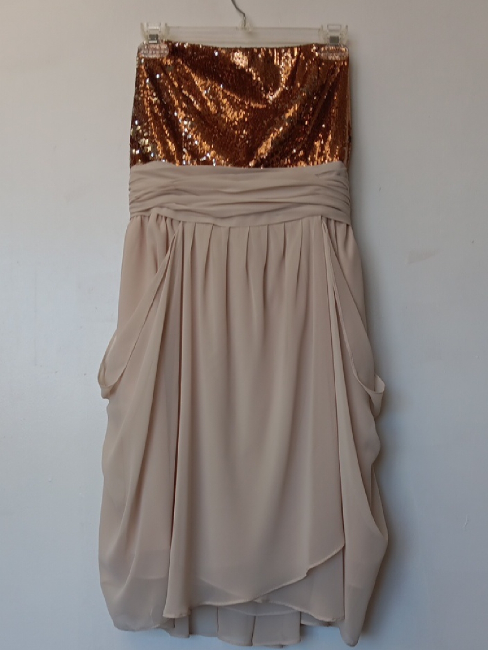 Vintage Bill Levkoff Champagne Sequin Strapless Chiffon Dress